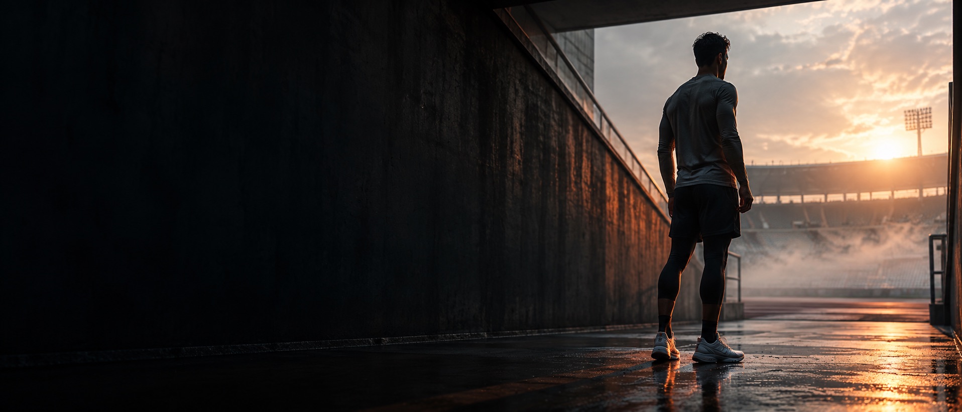 An athlete pauses at the entrance to a stadium before performance